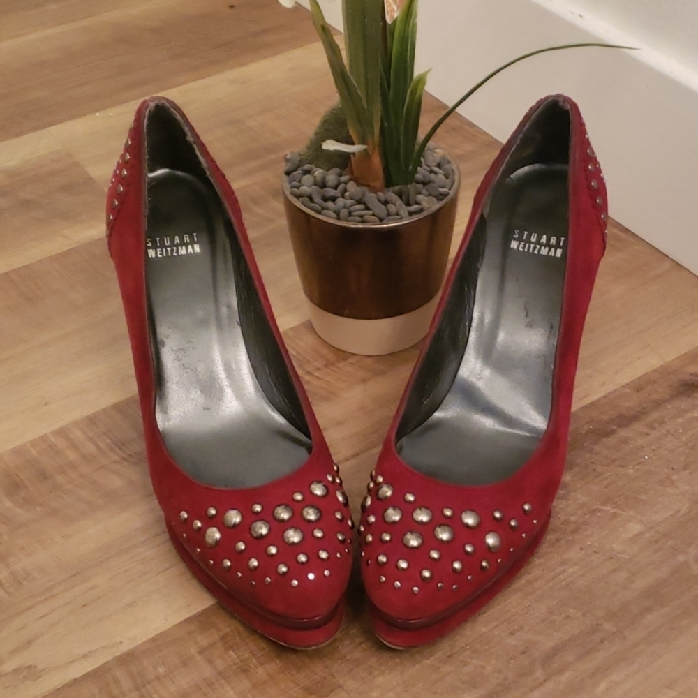 Stuart Weitzman Champagne Red Suede Stud Platform Heels